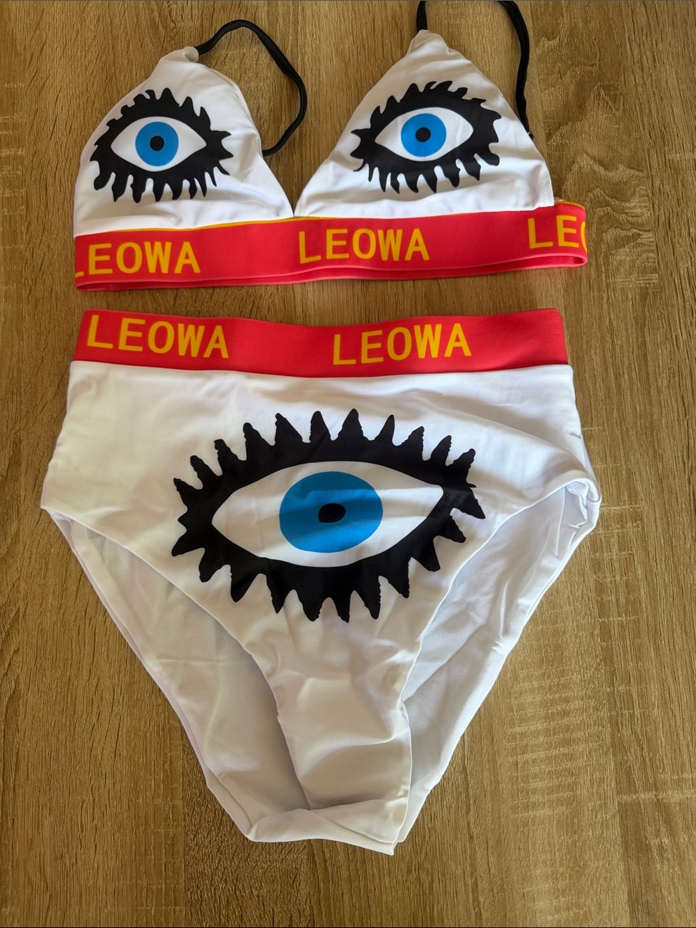 LEOWA White Graphic Eye-Print Bikini with Red Band